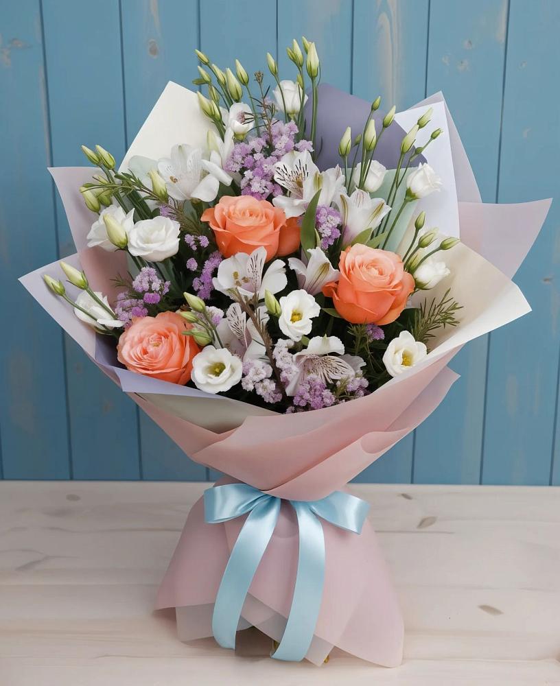 Букет цветов из: Лизиантусы, Розы, Альстромерии и Гипсофила во Фрязино