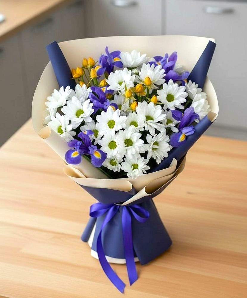 Букет цветов из: Розы, Ирисы и Хризантемы во Фрязино