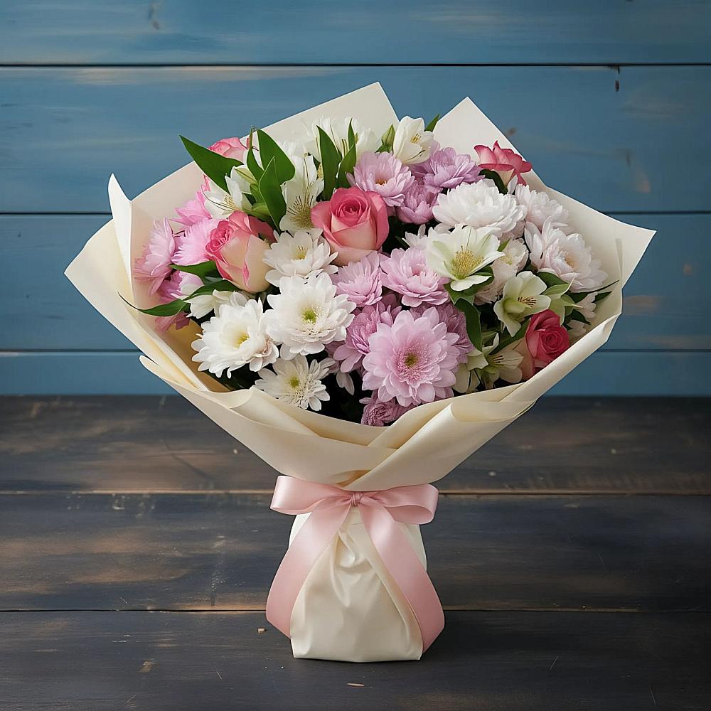 Букет цветов из: Хризантемы, Альстромерии и Розы во Фрязино